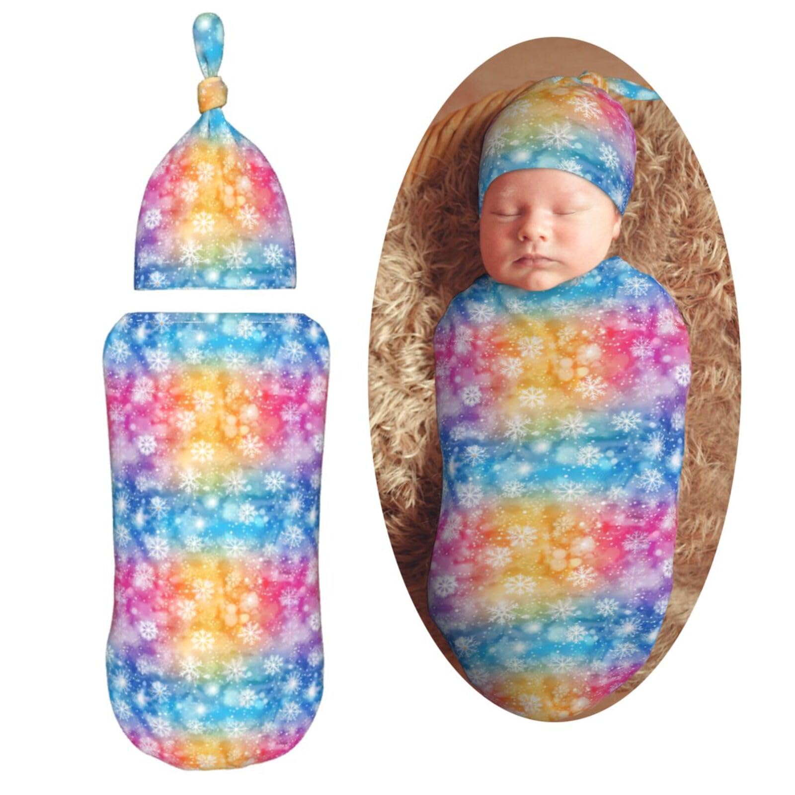 White Snowflakes On Colorful Background Newborn Swaddle Blankets Hat Sets Soft Baby Receiving Blanket Swaddle Sack for Baby Shower Infant Boy Girl Gift