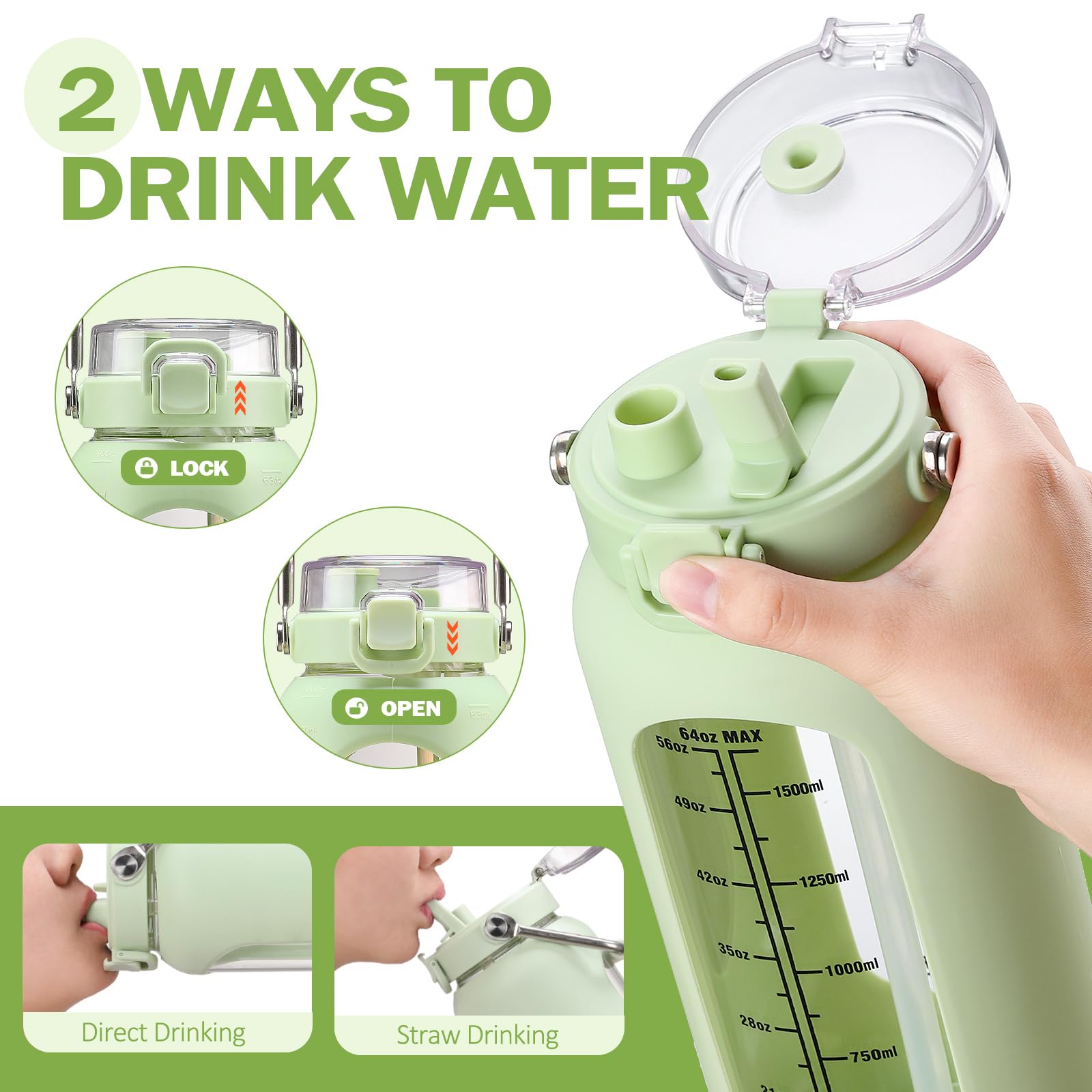 BLUEGO 2L Bottiglia d'acqua in vetro con manico in acciaio inox, manicotto in silicone e cannuccia per palestra, ufficio e sport all'aperto, senza BPA, Verde chiaro