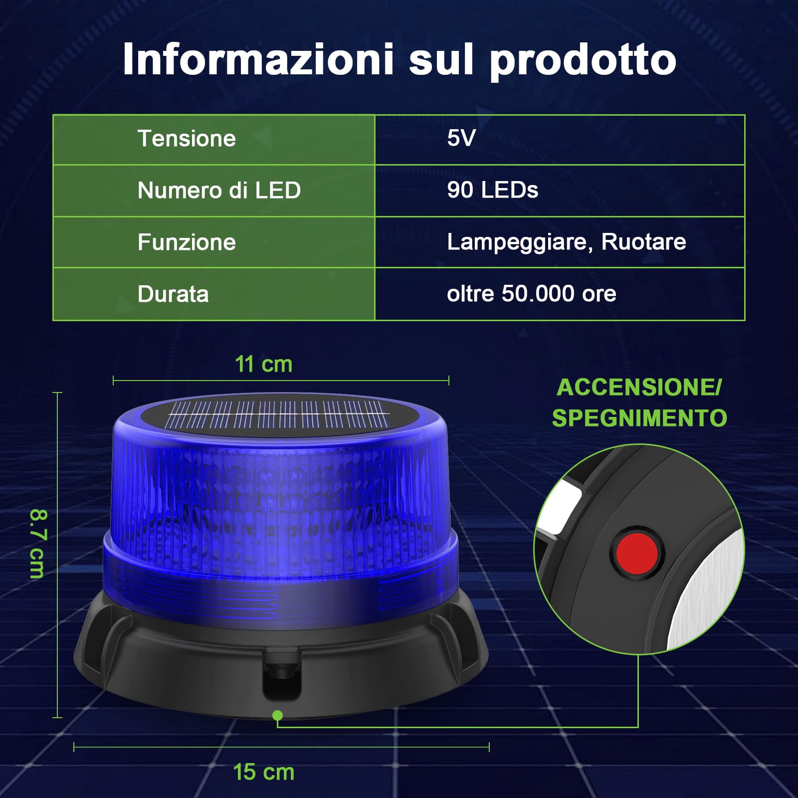 Lampeggiante Blu a 90 LED con Magnete | Ricaricabile | 2 Modalità | Luce di Avvertimento per Camion, Veicoli da Costruzione, Trattori, Rimorchi, Spazzaneve