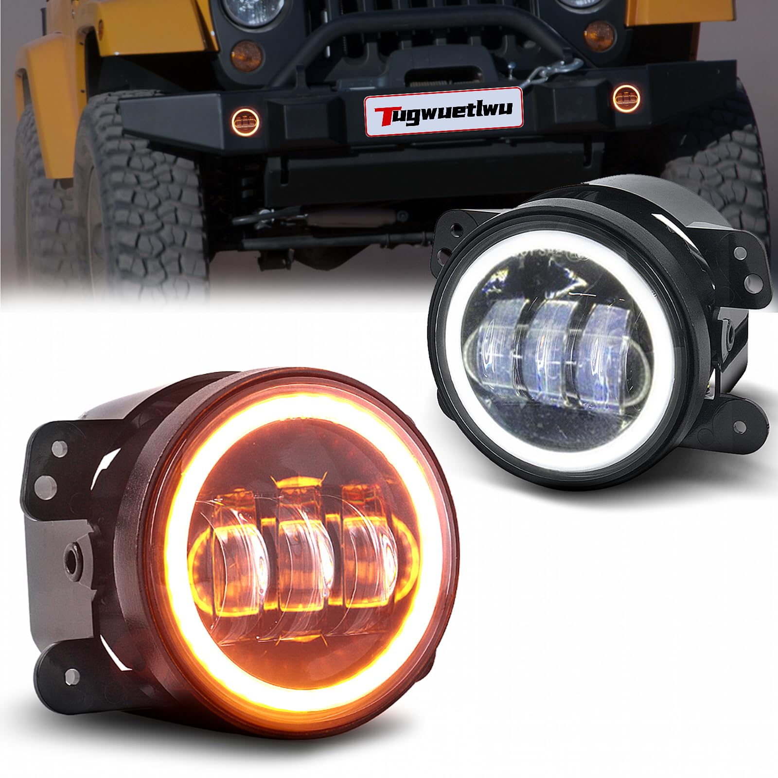 4 Inch Halo Led Fog Light Compatible with Wrangler Unlimited JK JKU TJ LJ Off-Road Front Bumper Replacements Driving Fog Lamps 2007-2017 (Halo)