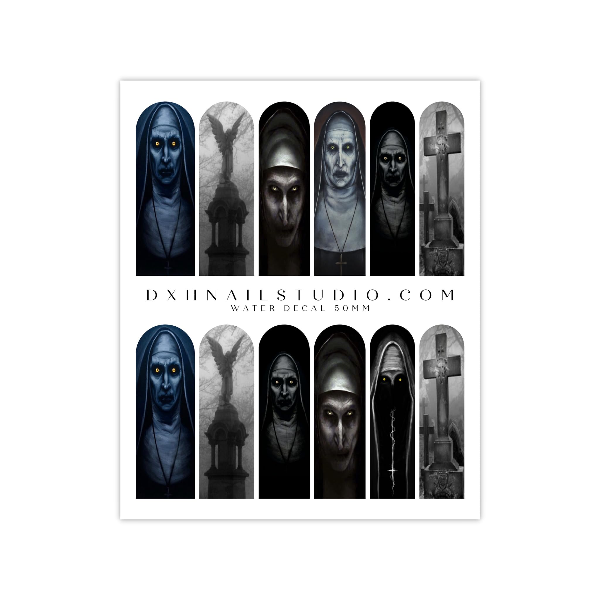 Scary Horror Villain The Nun Nail Decals Valak Water Transfer Nail Wraps Press On Nail Art Gel X Acrylics Nail Supplies (50MM XL)