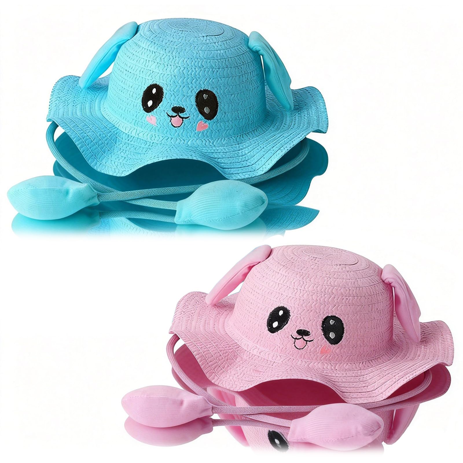 2Pcs Animal Hat with Ears Moving, Pink Blue Cute Ruffle Trim Bunny Straw Hats with Jumping Pop Up Beating