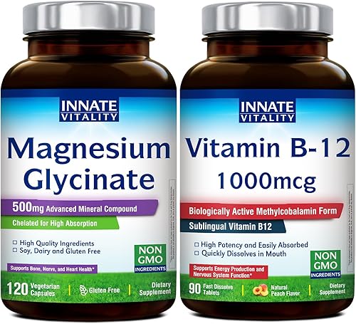 Innate Vitality Paquete de glicinato de magnesio y vitamina B12, sin gluten y vegano, magnesio (120 cápsulas) y vitamina B12 1000 mcg (90 pestañas