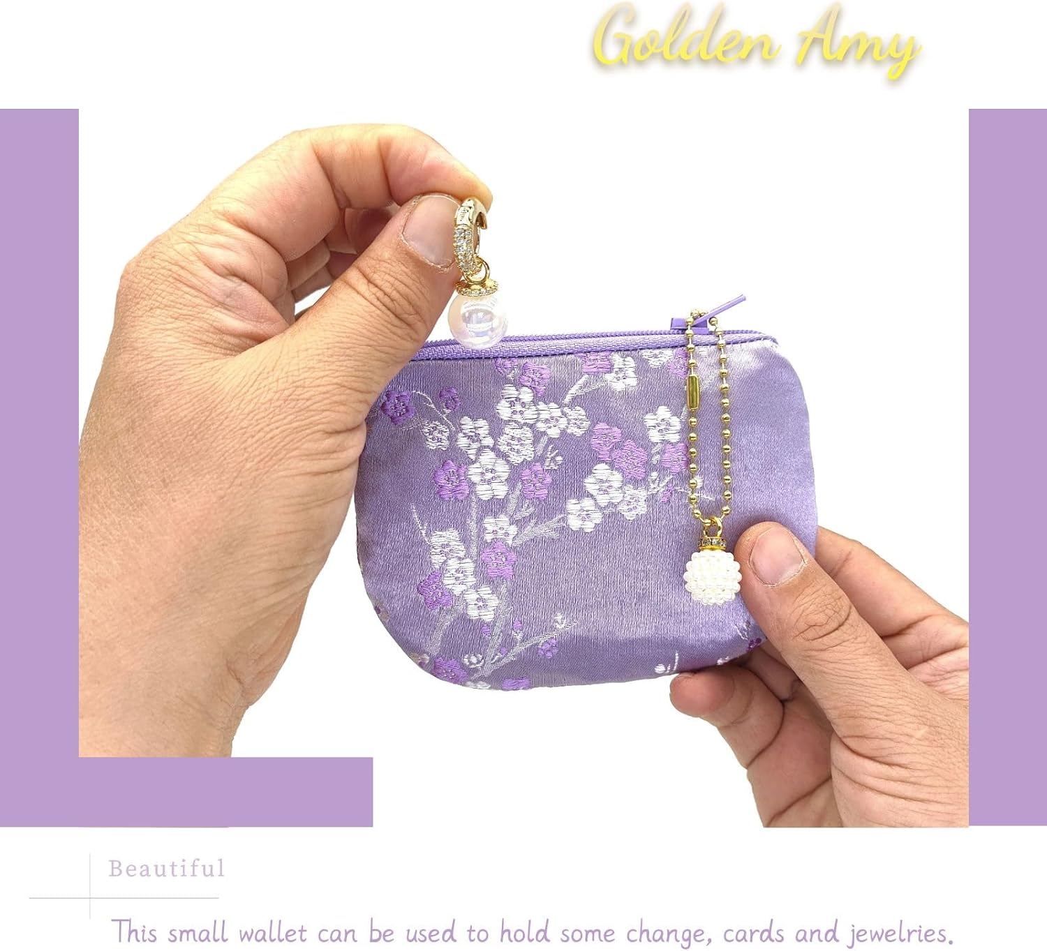 Handmade Women Coin Purse Brocade Rosary Bag Silk Jewelry Pouch Zipper Wallet - Blue Violet - Image 5