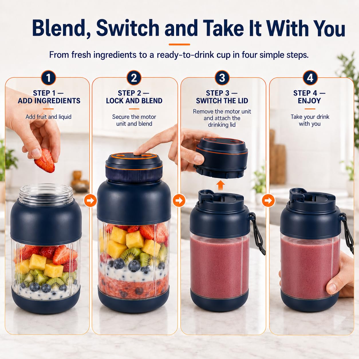 Mélangeur de jus portable sans fil de 800 ml avec matrice de puissance à 38 lames, mélangeur de jus frais sans fil rechargeable pour milkshakes et smoothies, mini mélangeur de voyage personnel