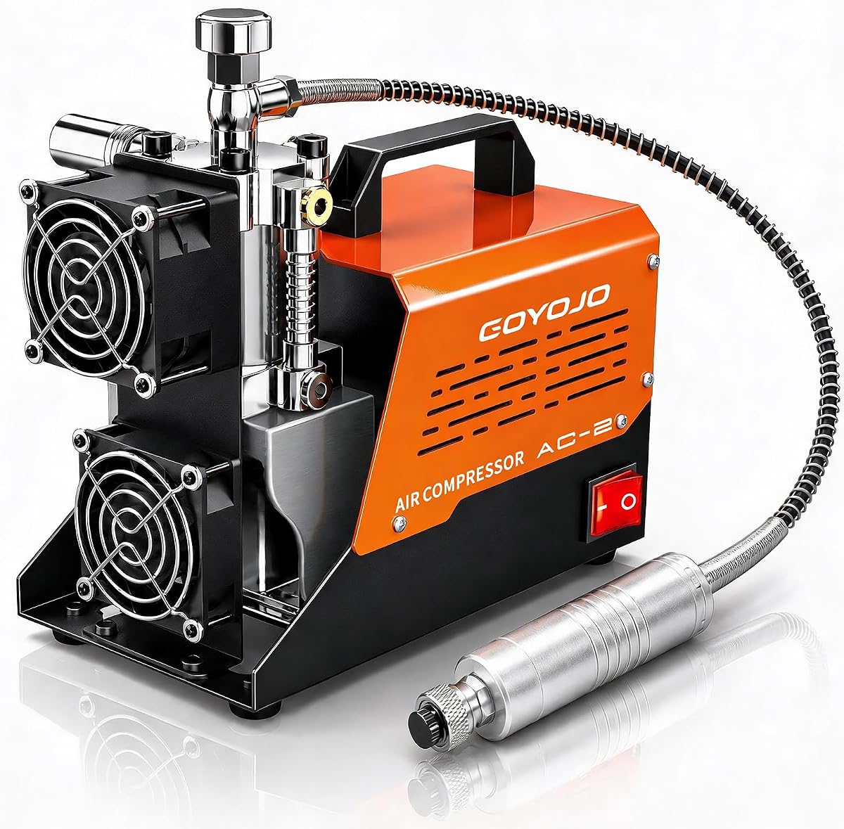 Compresor de aire PCP AC-2, bomba de aire portátil sin aceite de 4500 PSI/30 MPa, tiempo de funcionamiento continuo de hasta 45 minutos, convertidor de 12 V CC y 110 V/220 V CA, para pistolas de aire PCP y tanques de paintball HPA