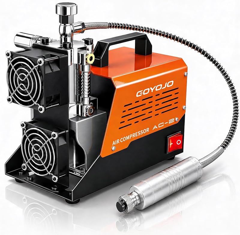 Compresor de aire PCP AC-2, bomba de aire portátil sin aceite de 4500 PSI/30 MPa, tiempo de funcionamiento continuo de hasta 45 minutos, convertidor de 12 V CC y 110 V/220 V CA, para pistolas de aire PCP y tanques de paintball HPA