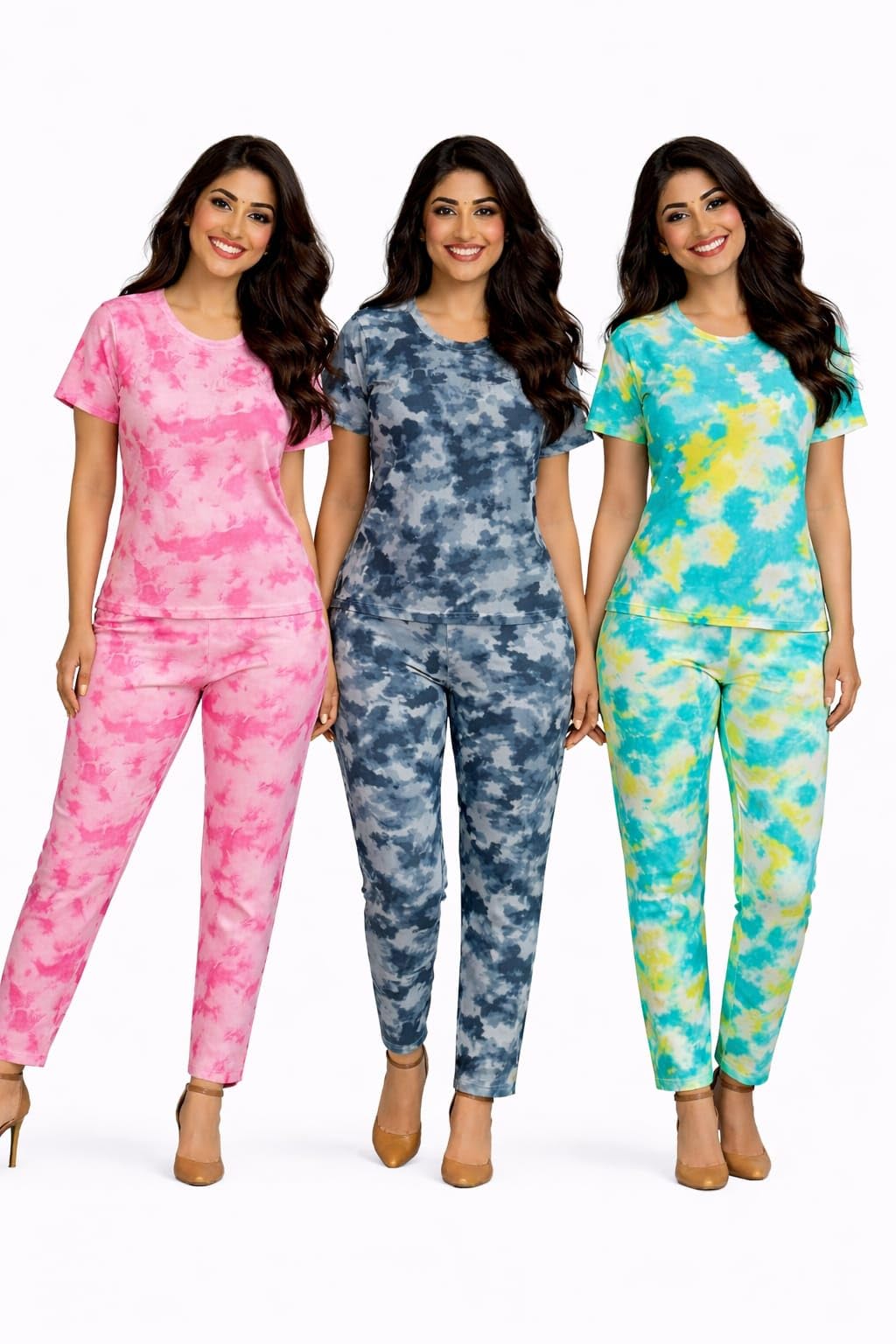 sya clothing Women’s Tie Dye Night Suit Combo Pack of 3, Soft Cotton T-Shirt & Pajama Set, Comfortable Sleepwear Loungewear Set for Girls & Women, Stylish Printed Nightwear Set Multicolor (Pink+Grey+Green)-picture-39