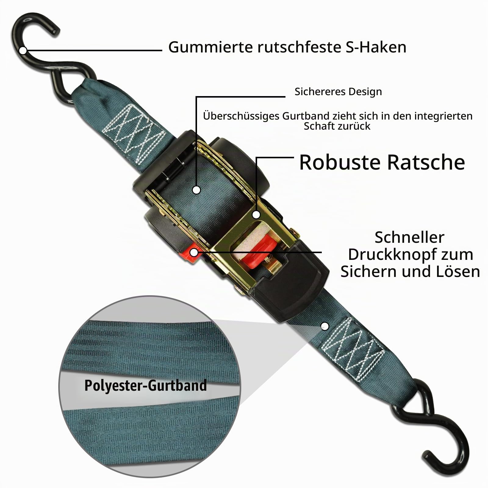 ENJ 2 Pack Retractable Ratchet Strap, 3,0 m x 50 mm, Polyester, Universal Fit, Motorrad, Boot, Geländefahrzeug, PKW, LKW, 1500 kg, S-Haken