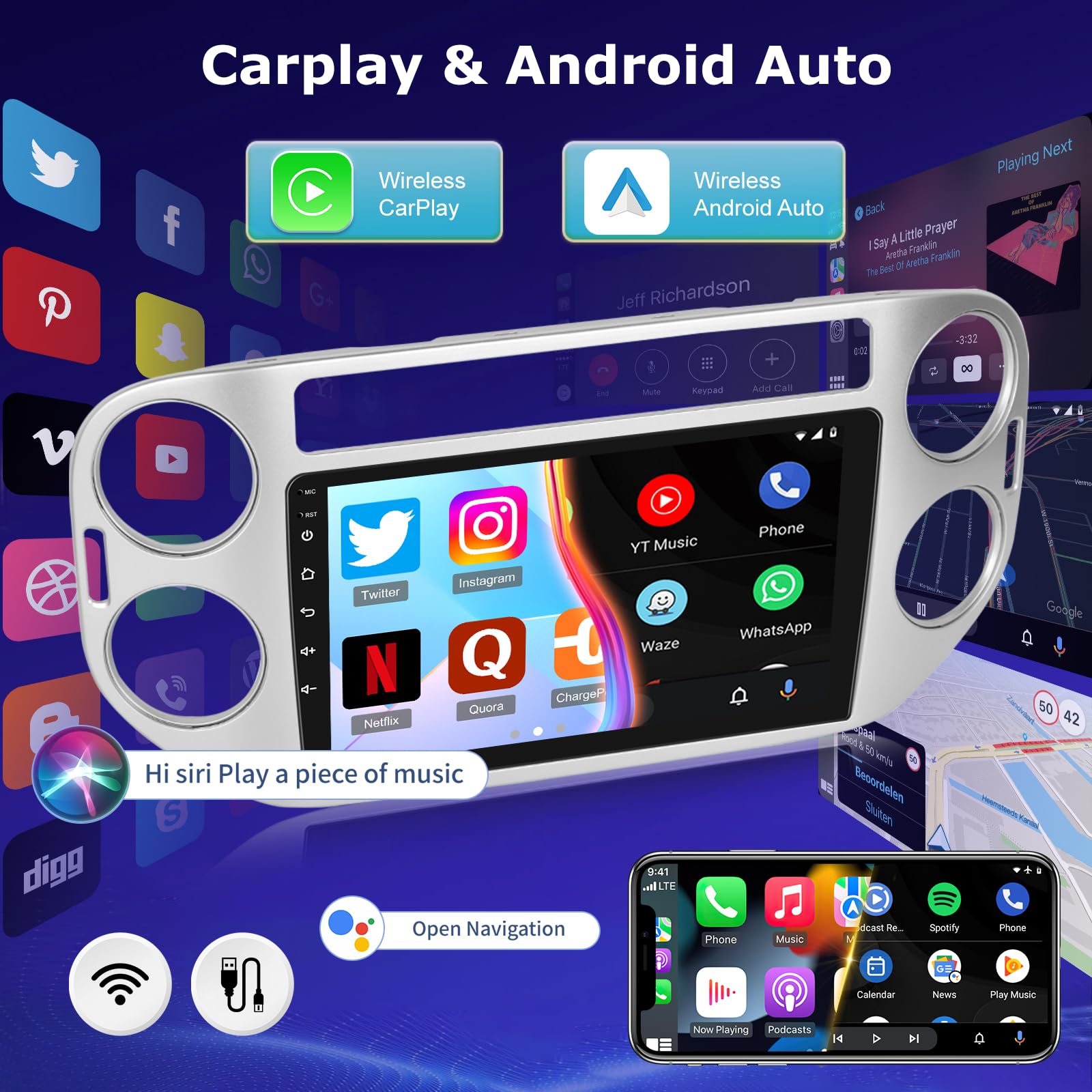 Android Autoradio pour Tiguan VW Volkswagen 2006-2016 avec sans Fil Carplay et Android Auto, [2G+64G] Écran Tactile HD de 9 Pouces avec GPS/WiFi/Bluetooth/EQ/FM RDS