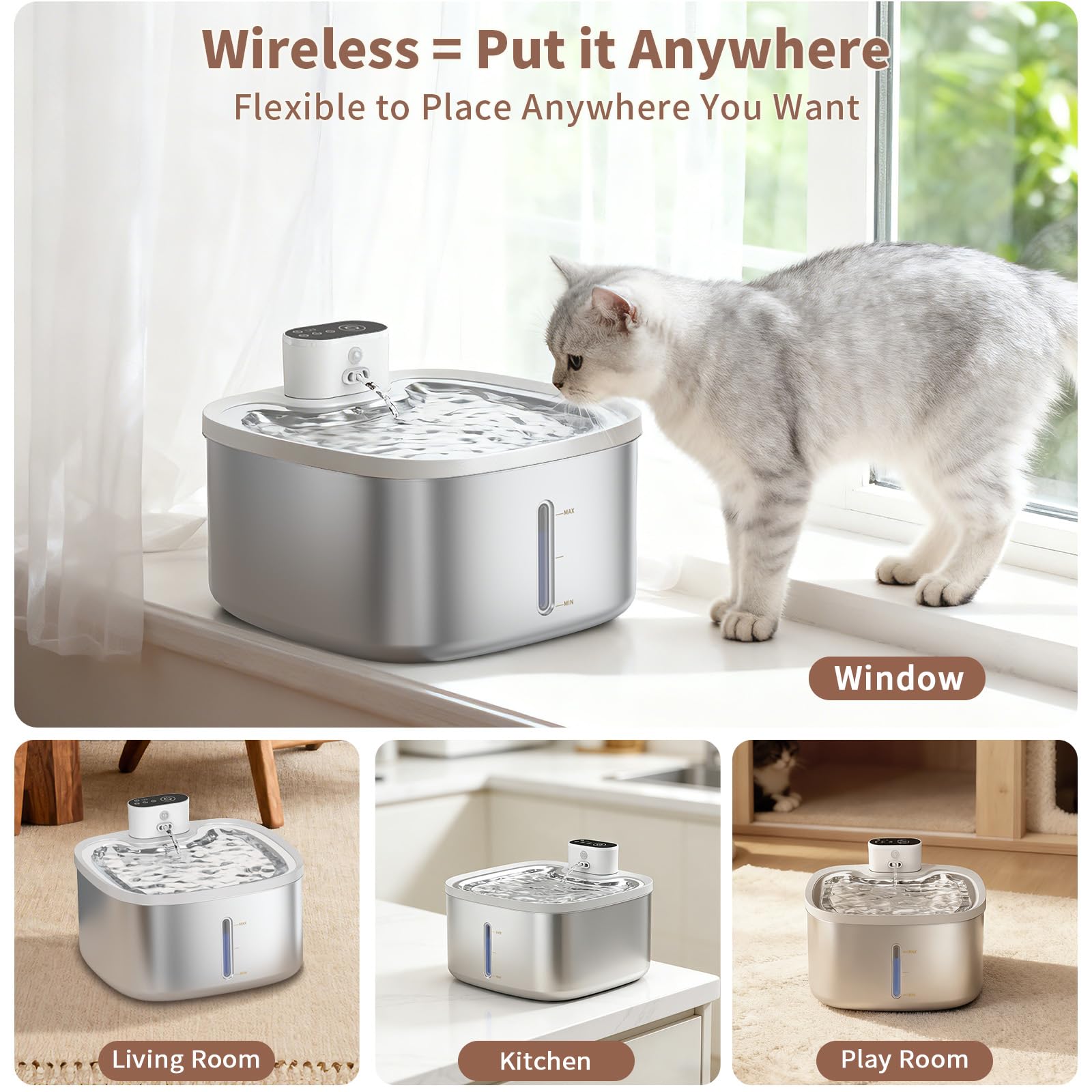 Cat Water Fountain Stainless Steel Wireless 118oz/3.5L–Cordless Battery-Operated Pet Water Dispenser with All-in-One Rechargeable Pump, 3 Smart Flow Modes,Quiet Indoor Fountain for Cats & Dogs - image 6