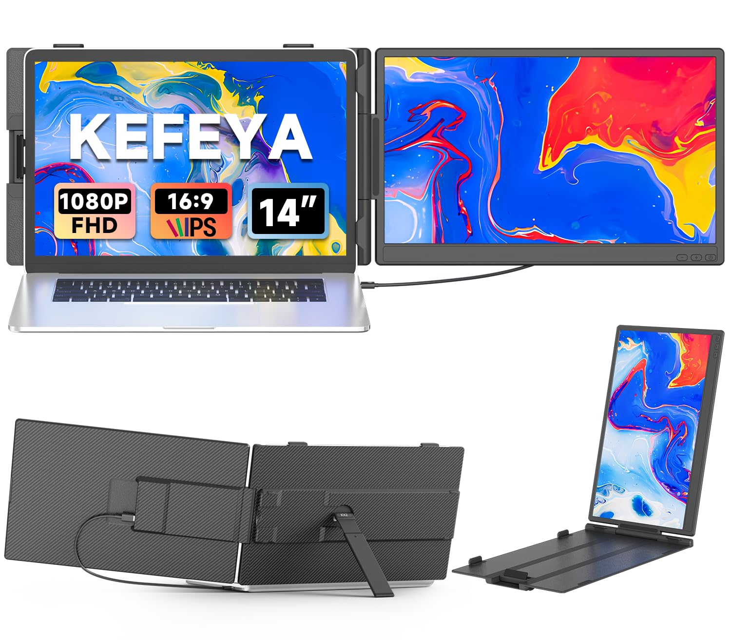 KEFEYA Laptop Screen Extender 14", FHD 1080P IPS Laptop Monitor Extender, Portable Monitor for Laptops 13-17" with USB-C/HDMI Port, Plug n Play for Windows/Mac/Android/Switch/PS5