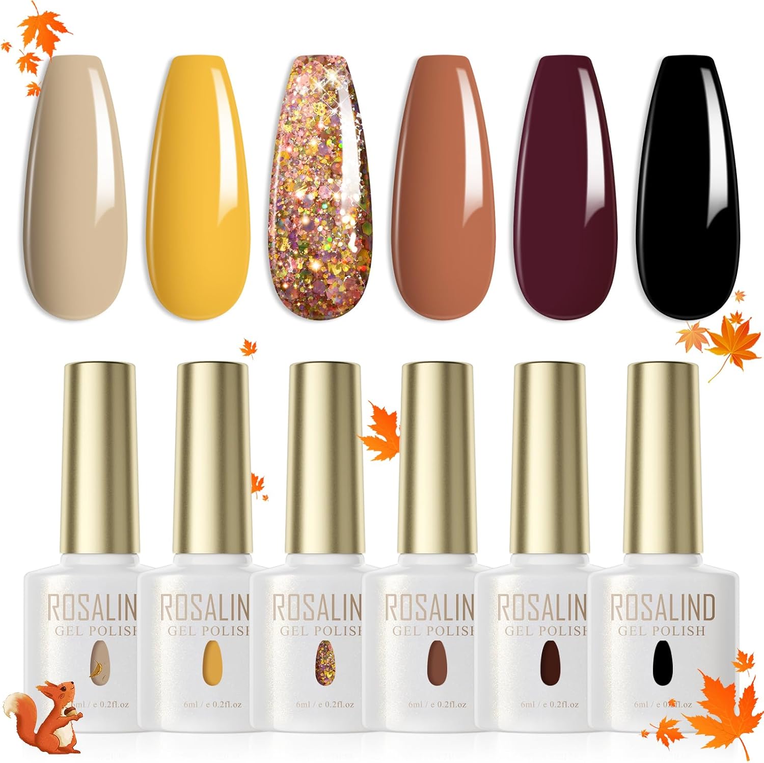 ROSALIND UV Nail Polish 6 Colors Khaki Earth Yellow Black Brown Glitter Gold Gel Nail Polish Set Color for Gel Nails Soak Off UV LED For Lamp Salon Design Kit