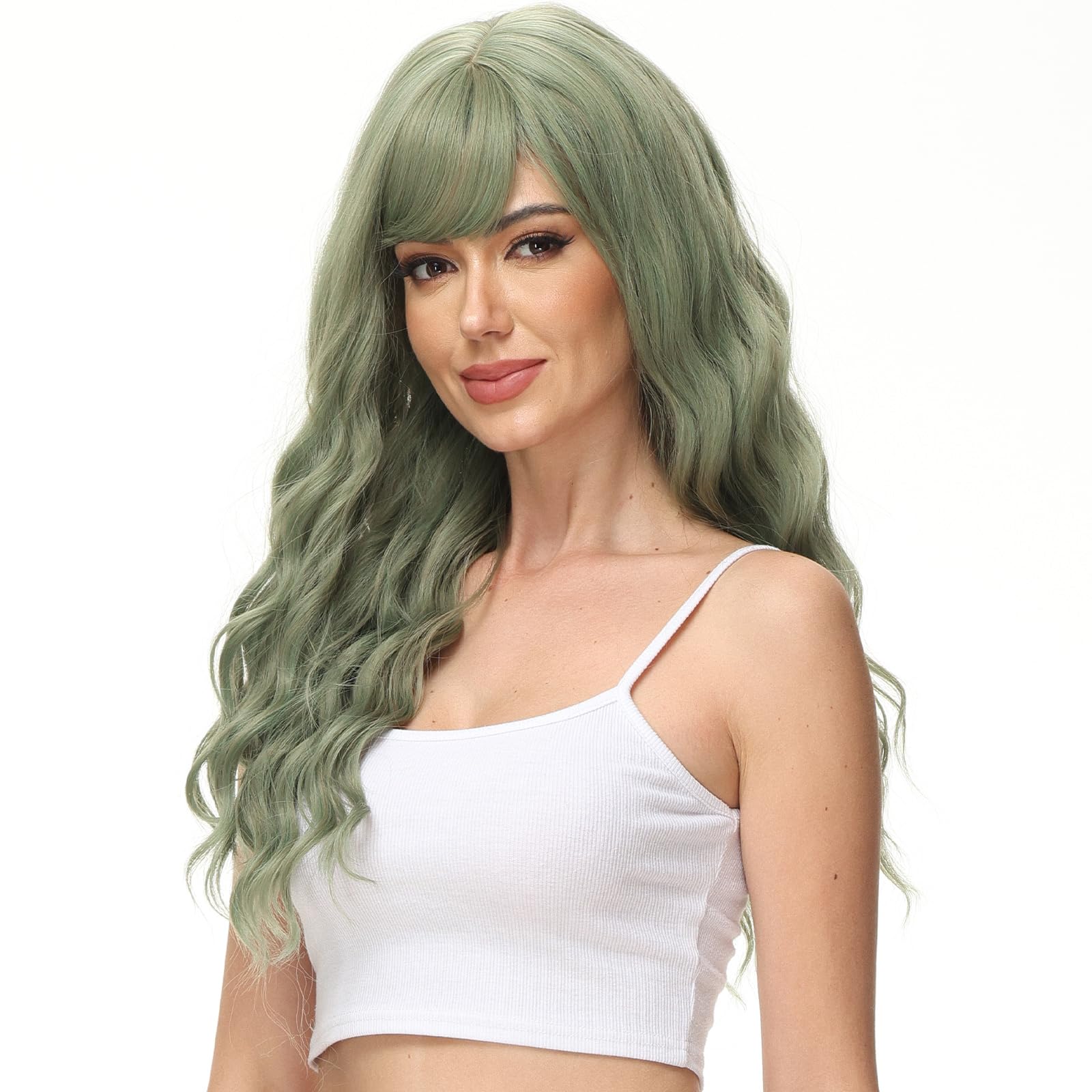 Yamel Long Wigs for Women with Fringe 24 inch Adjustable Curly Wavy Synthetic Hair Wig Cosplay Daily Use Haze Green Wigs