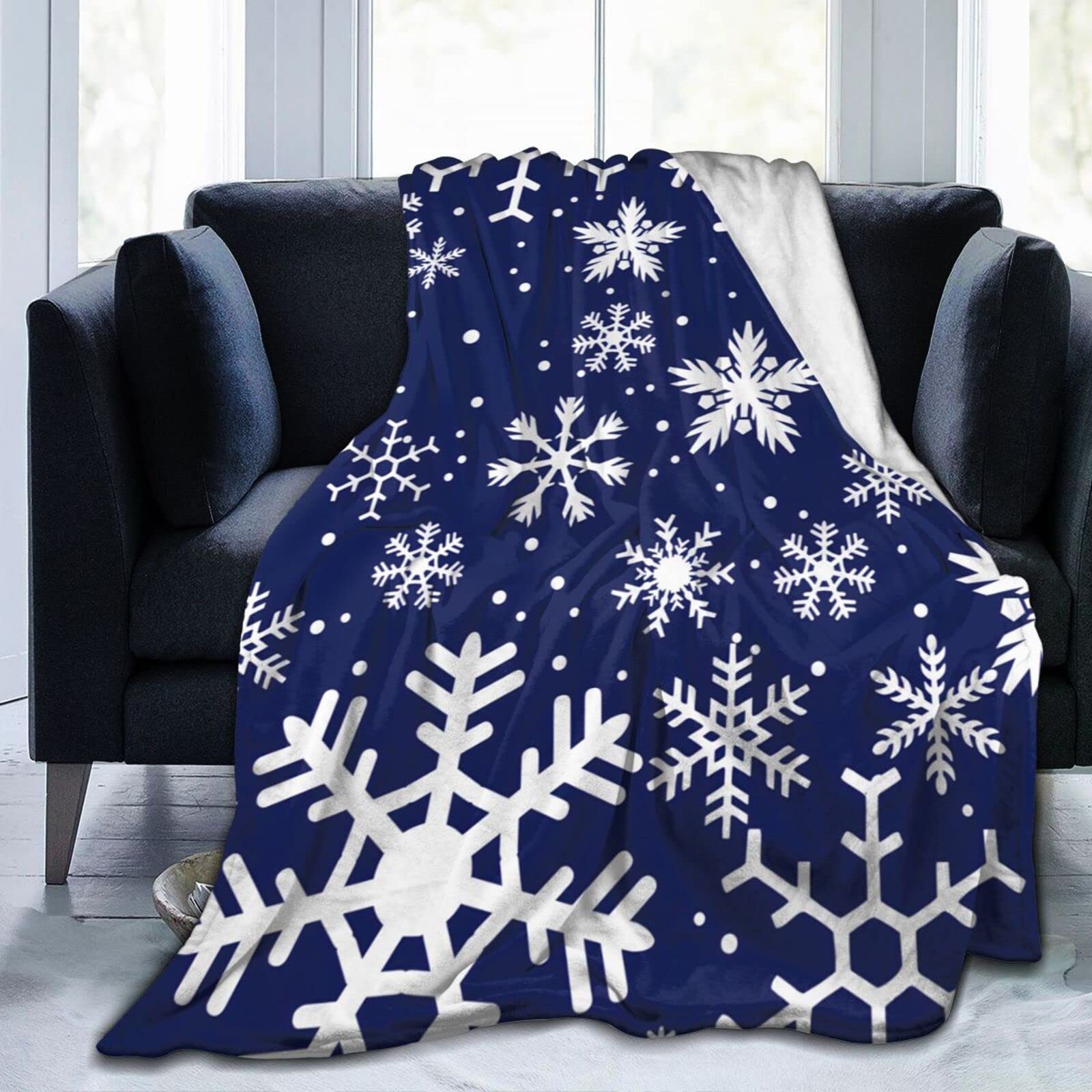 Lsjuee Christmas Snowflakes Throw Blanket Warm Cozy Blankets Lightweight Soft Cozy Flannel Winter Holiday Blanket for Sofa Couch Bed Office Xmas Gift 50"X40"