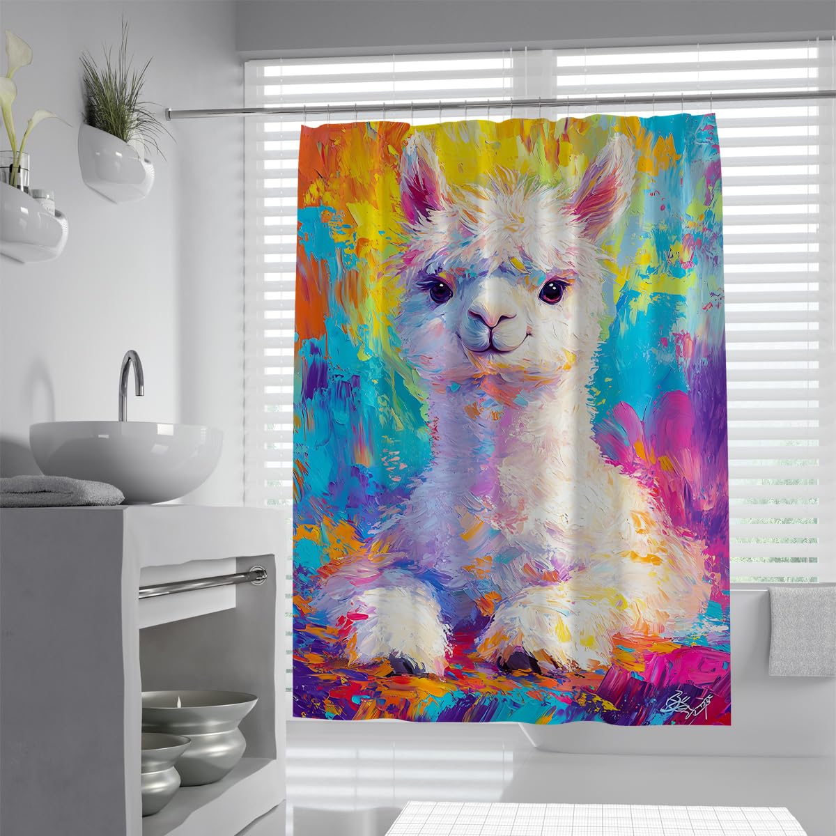 UIRINGART Alpaca Bath Curtains W180xL220cm Vibrant Colorful Abstract Llama Portrait Multi Colour Background Waterproof Mould Resistant Washable Fabric Shower Curtain for Campervan with Hooks