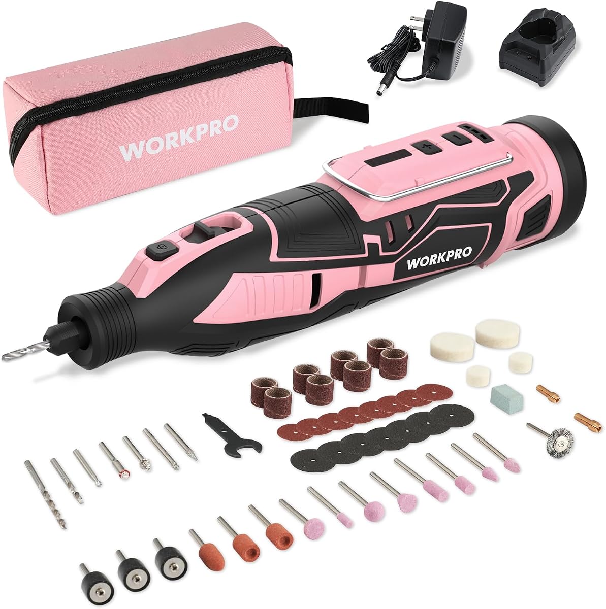 WORKPRO Pink 12V Cordless Rotary Tool Kit for DIY Crafts | 5 Variable Speeds, 114 Quick Change Accessories, for Precision Engraving, Sanding & Polishing Handmade Projects- Pink Ribbon