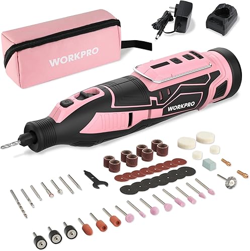 WORKPRO Kit de herramienta rotativa inalámbrica de 12V rosa, 5 velocidades variables, grabador potente, lijadora, pulidora, 114 accesorios de cambio