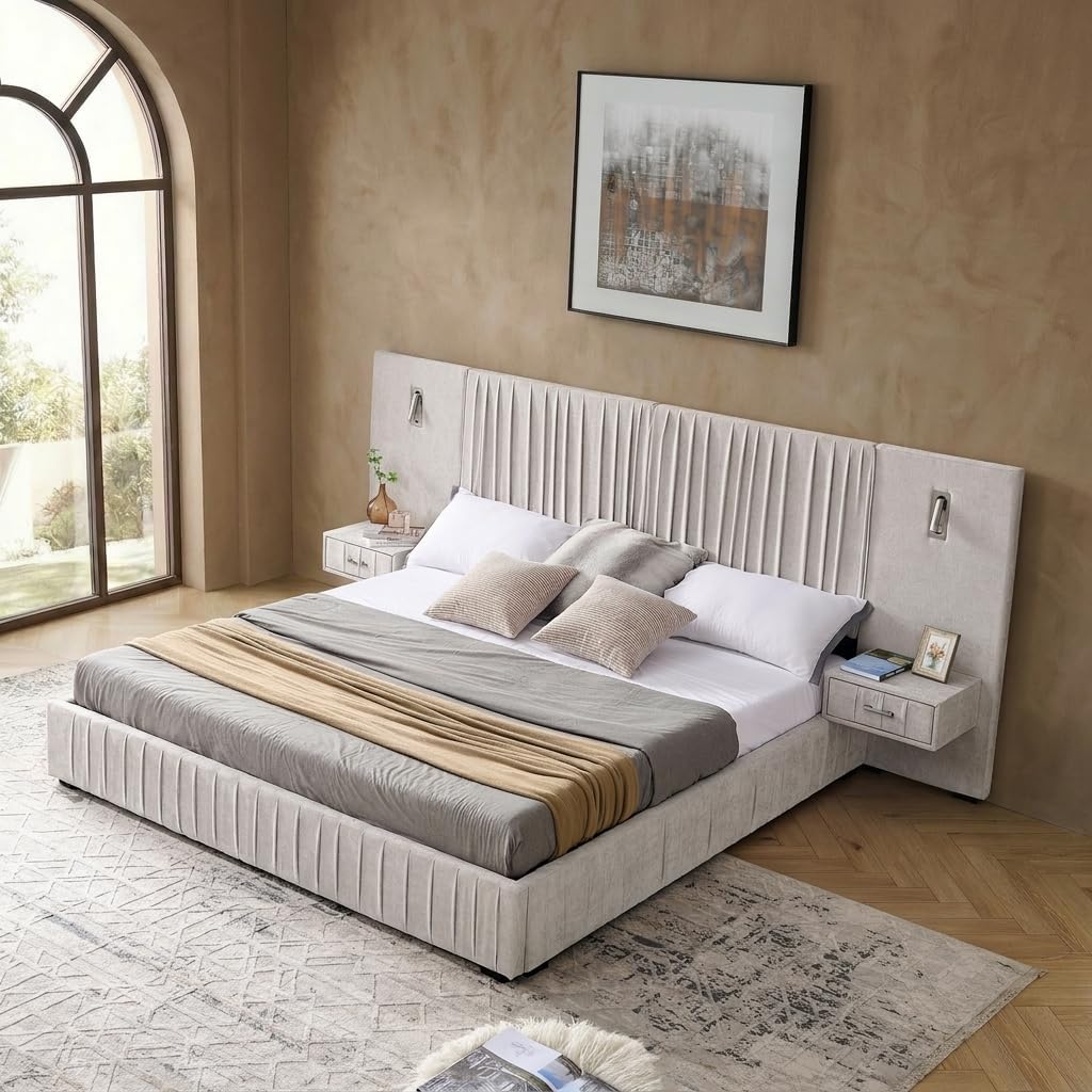 Queen Size Luxury Bed Frame with Pleated Design Headboard, Upholstered Hotel Platform Bed with Built-in LED Lights and Nightstands, Quick & Easy Assembly, Beige