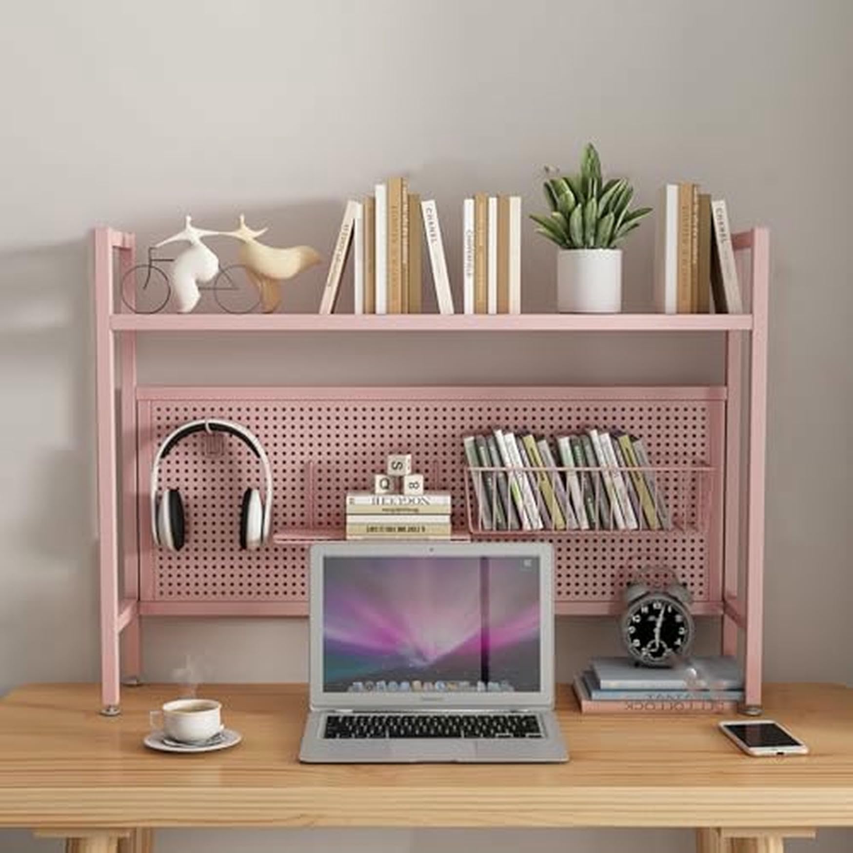 CWCQGH Black Desktop Hutch & Bookshelf - 95cm Student Pegboard Bookcase for Dormitory & Home Office - Computer Desk Storage Rack & Display, Single Layer Organization Solution,Pink Single Layer-75cm