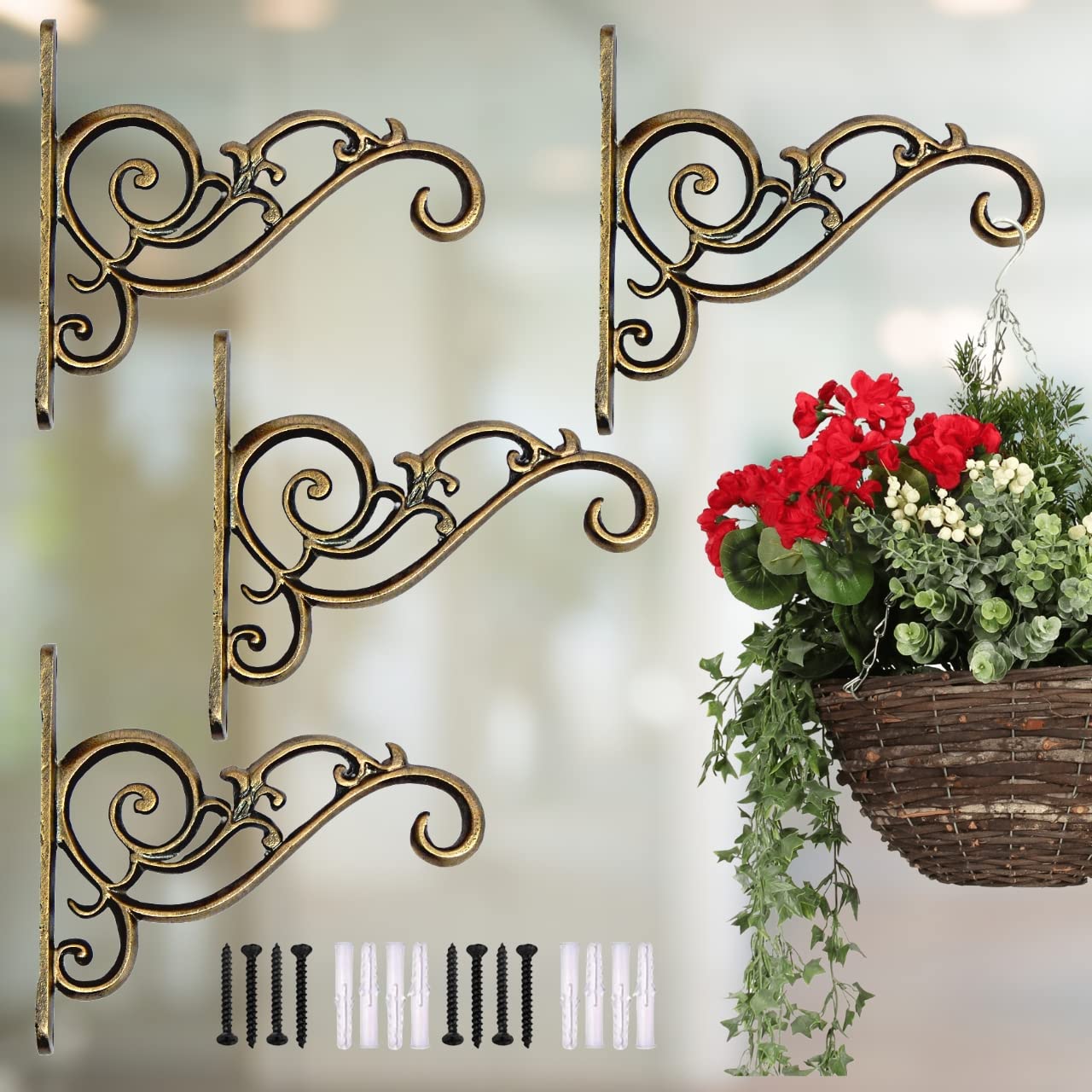 ecofynd 4 Pack Metal Wall Hook Hanging Plant Bracket | Decorative Straight Plant Hanger for Pots, Bird Feeders, Planters, Lanterns, Cotton, Wind Chimes Indoor Outdoor, Brass Antique