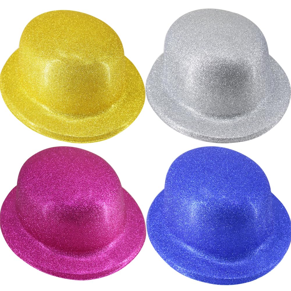 Time to Sparkle 4 Pack of Glitter Bowler Hat Unisex Gangster Style Plastic Party Hats Party Headwear Accessory, Glitter Bowler-Multicolor