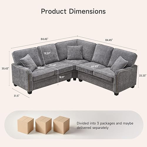 Miniatura 2 de ONBRILL Sofá modular en forma de L, sofá esquinero pequeño para sala de estar, cómodo sofá de felpilla con brazos recortados de cabeza de clavo, 3