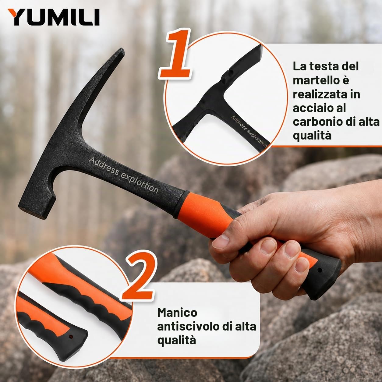Martello Esplorazione Geologica, Martello Geologico Professionale, Martello per Indagini Geologiche, Martello per Roccia Geologica, Strumento per Esplorazione Geologicas e Minerale all'Aperto, 285 mm