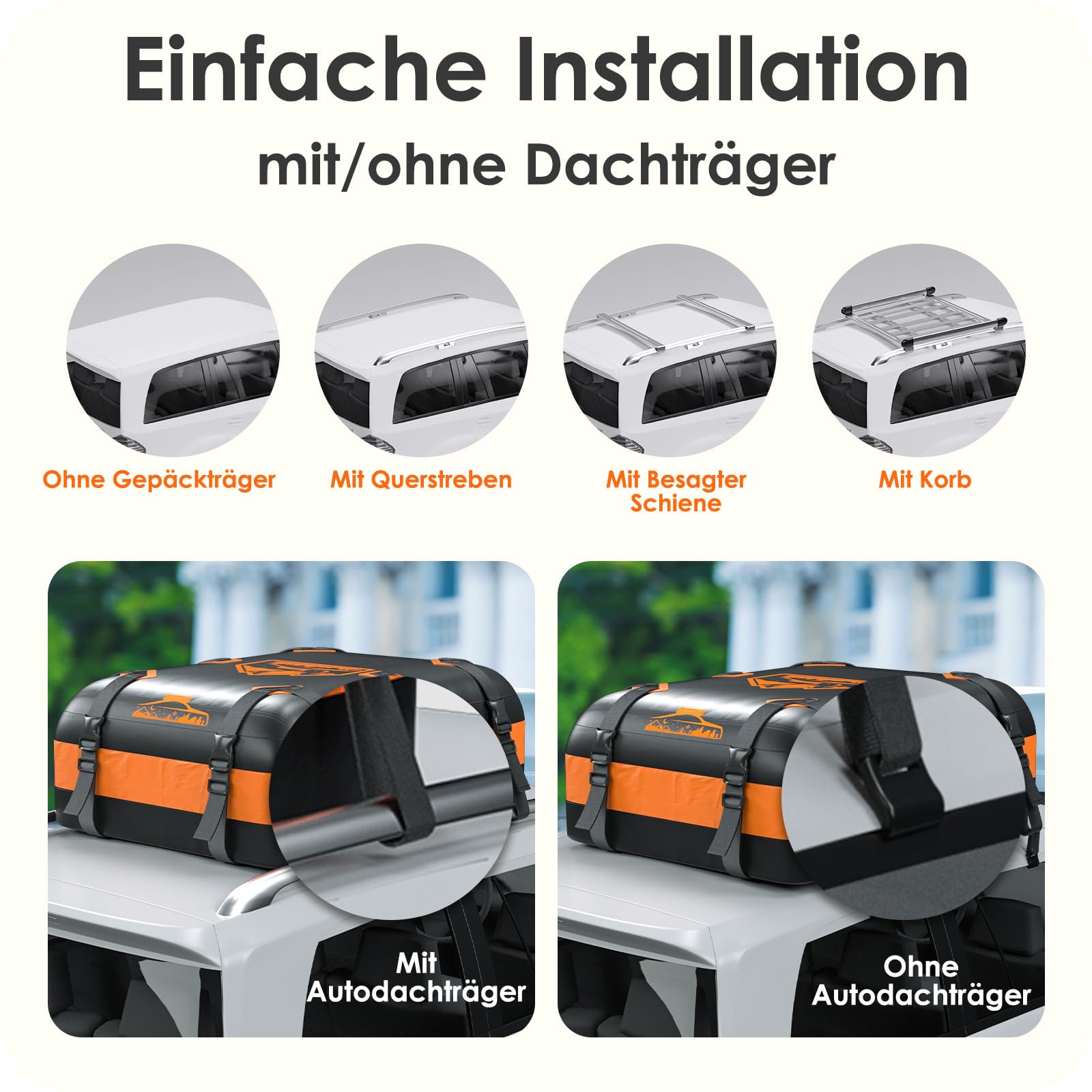 Dachbox Faltbar 15-21 Kubikmeter, 700D Wasserdicht Dachbox Auto, Dachbox mit Anti-Rutsch-Matte und 6 Hochleistung Riemen (20 Kubikmeter-Orange)