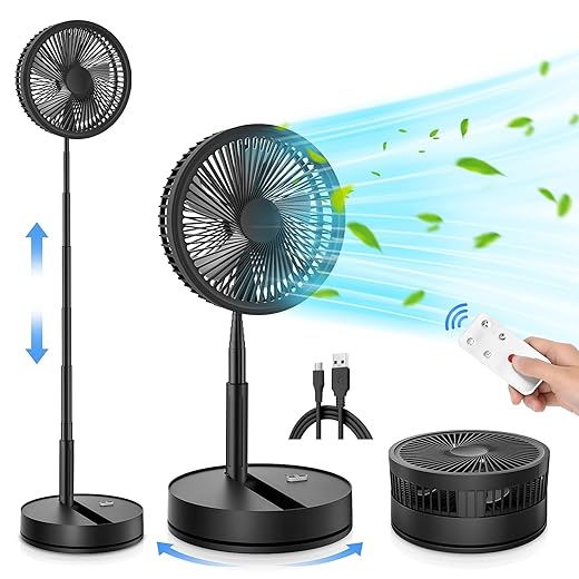 LIPETY Portable Foldable Rechargeable Oscillating Fan - 9" 7200mah Battery Operated USB C Small Fan Remote, Quiet Table Desk Fan Folding Standing Pedestal Fans for Bedroom Rome Office Camping Travel