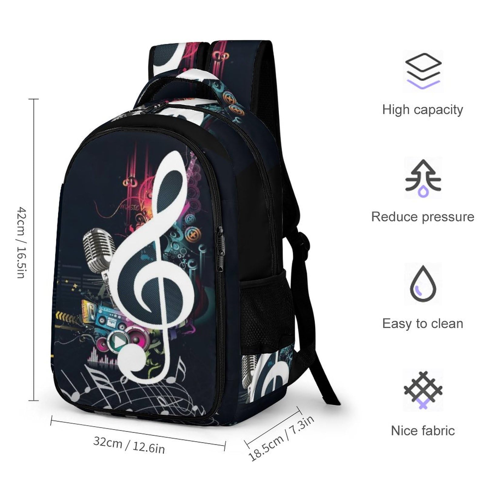 Tagesrucksack, Notenmusik-Rucksack, Rucksack mit Taschen für Wandern, Camping, Reisen, Musiknoten, One size
