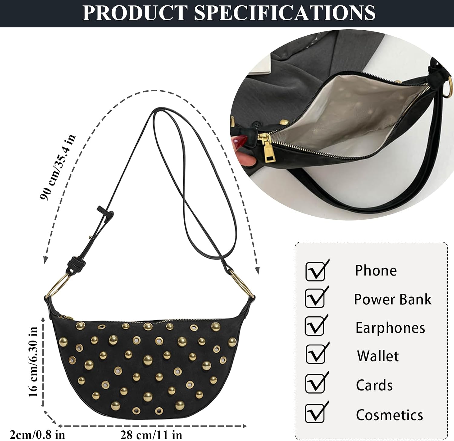 Studded Purse Trendy Studded Handbag Hobo Crescent Bags Y2K Shoulder Bag Suede Purses for Women