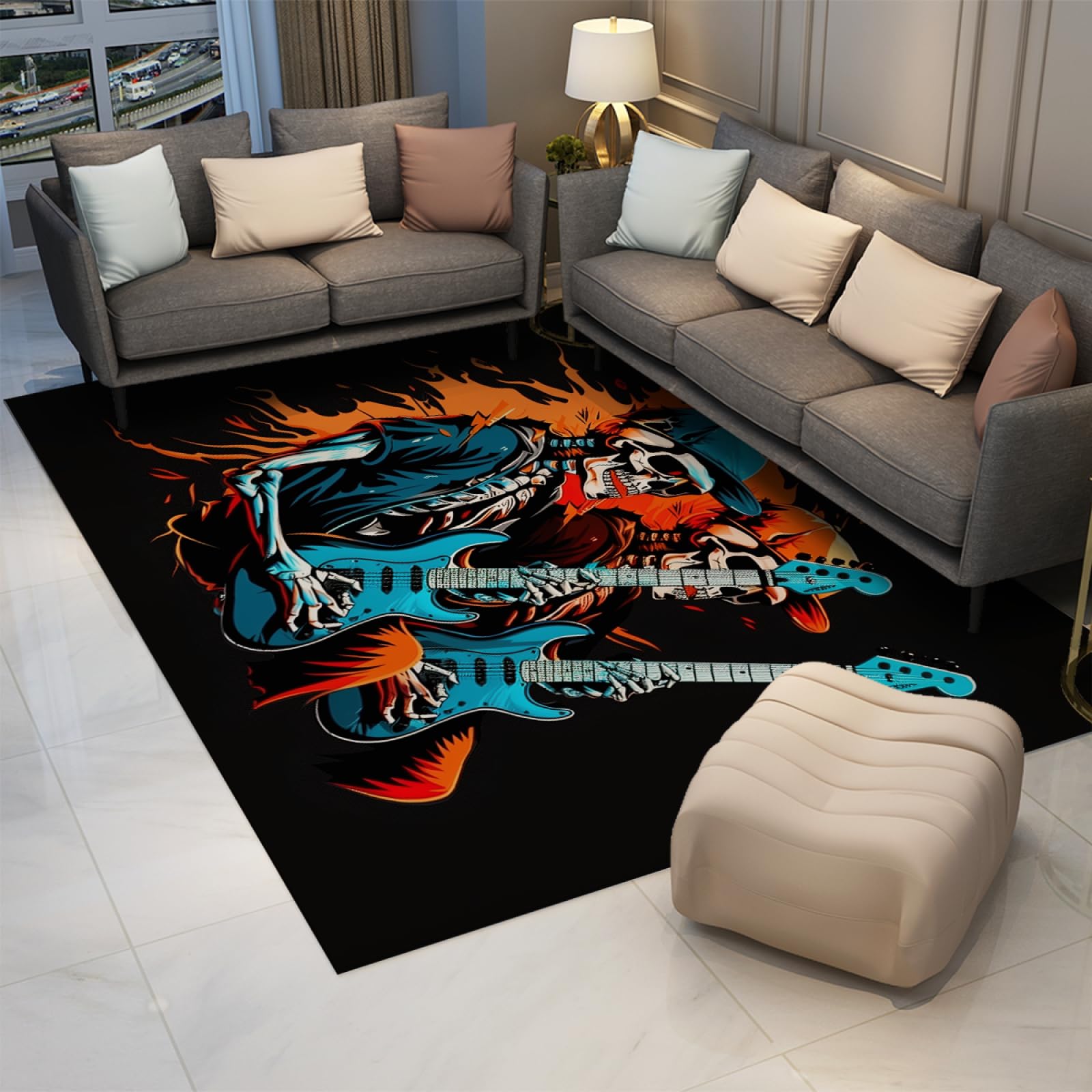 Tappeto Hip Hop Skull 120x210cm - Tappeti per amanti della musica con supporto in gomma Tappeto lavabile Fashion Street Art per Soggiorno Tavolo da tè Café