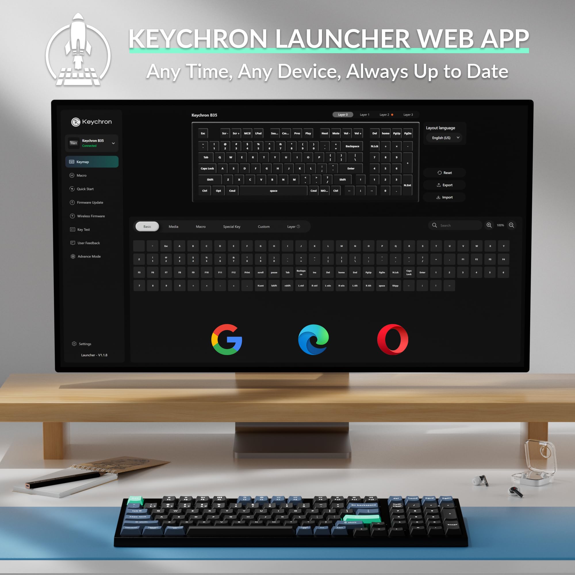 Keychron Tastiera wireless B35, 2,4 GHz/Bluetooth, layout 96%, tastiera con tastierino numerico, silenzioso, supporto per la digitazione silenziosa, angolo ergonomico, compatibile con Mac Windows