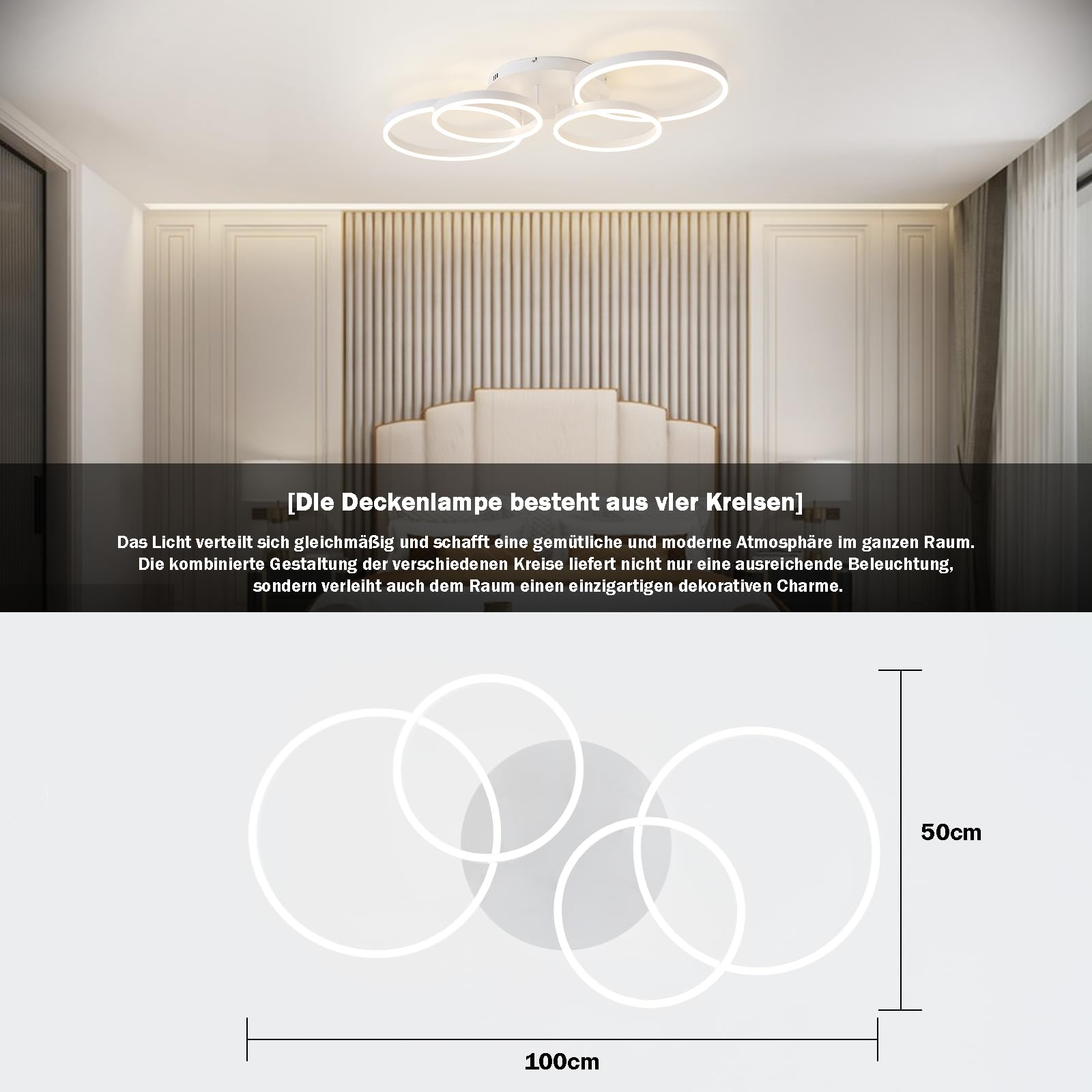 LED Deckenleuchte Dimmbar 40-60W, 100CM Deckenlampe LED Wohnzimmerlampe mit Fernbedienung APP Farbwechsel, Moderne lampe Dimming Deckenbeleuchtung Schlafzimmerlampe (Weiß)
