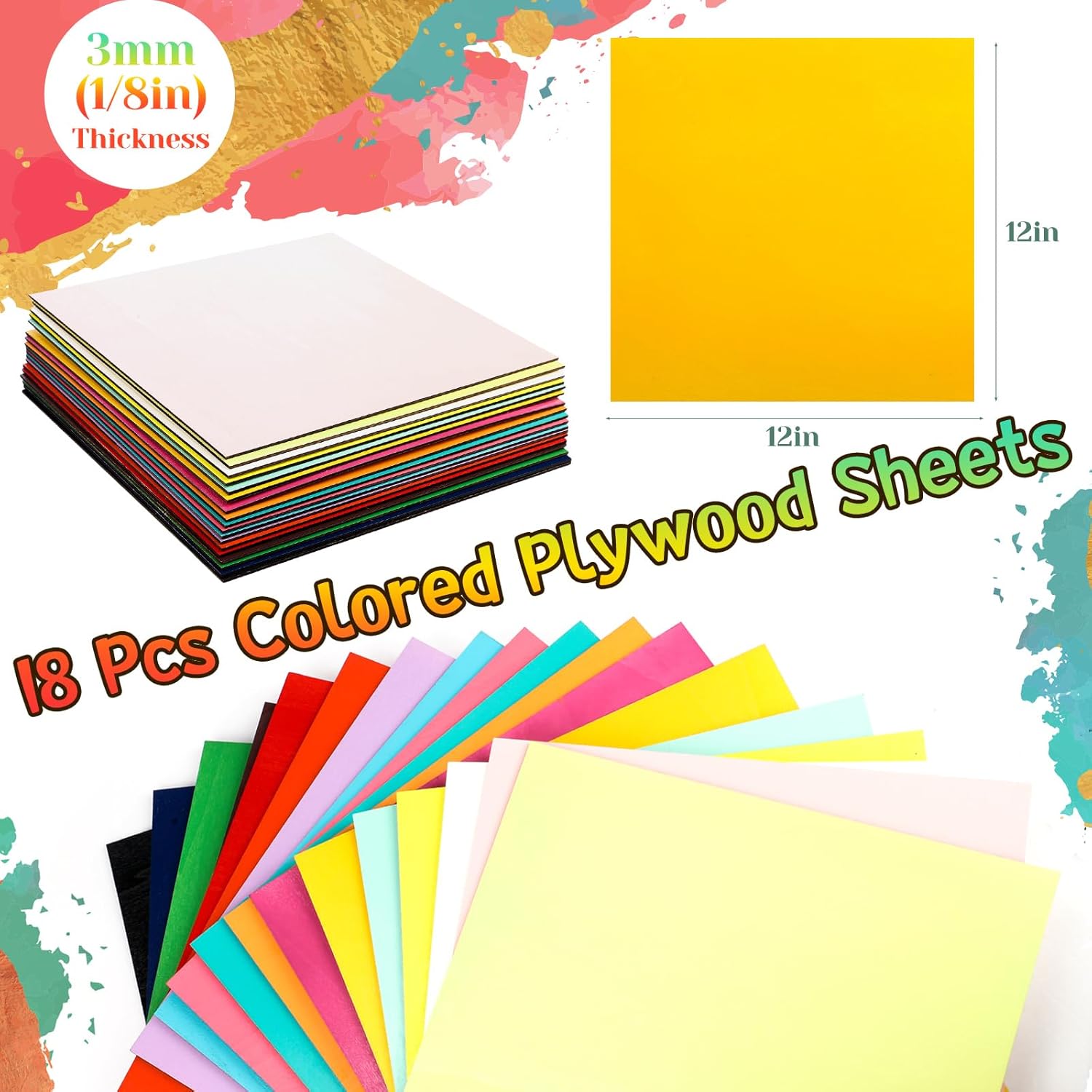 Geelin 18 Pcs 18 Pcs 12 x 12 Inches Double-Sided Colored Plywood Sheets 1/8 Thin Craft Wood for Laser Cutting Engraving DIY Crafts Architectural Models Making (Multicolor)