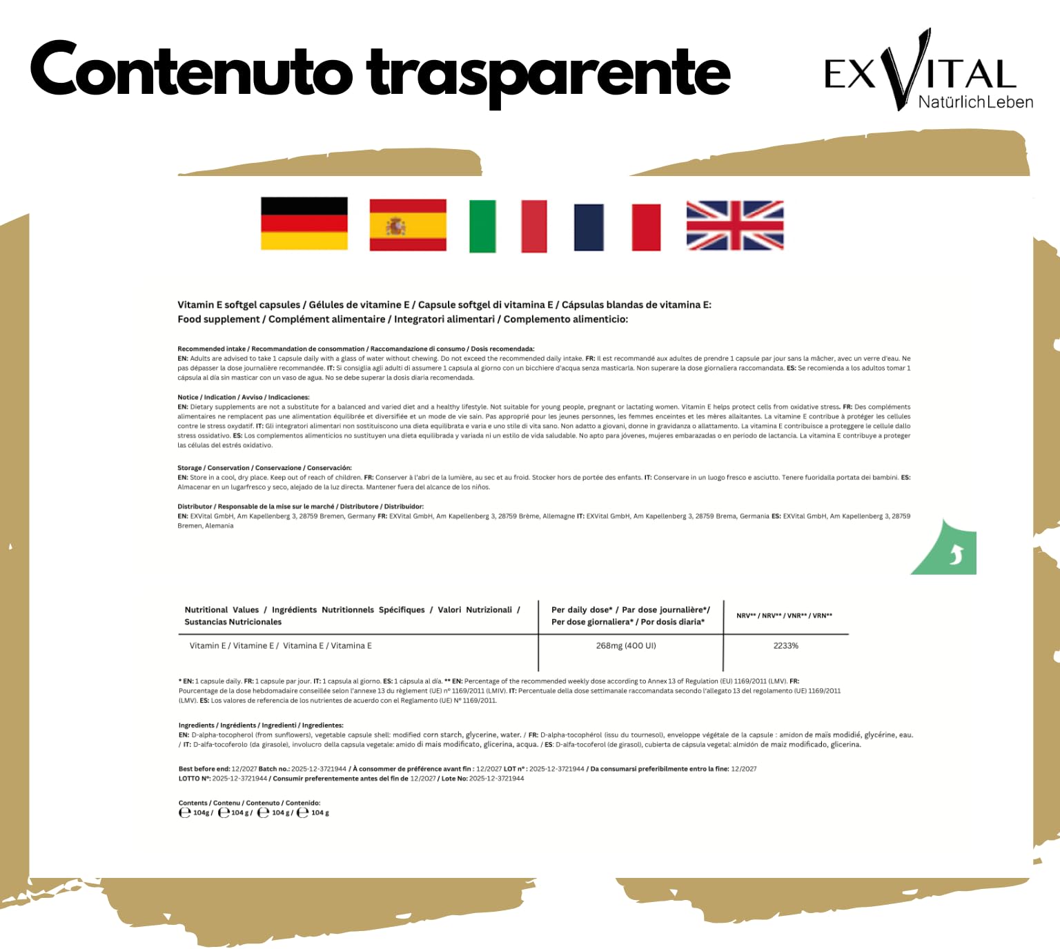 EXVital Vitamina E 400 UI, 240 capsule vegane in softgel, con D-alfa-tocoferolo, vitamina E da girasole, ad alto dosaggio e testata in laboratorio