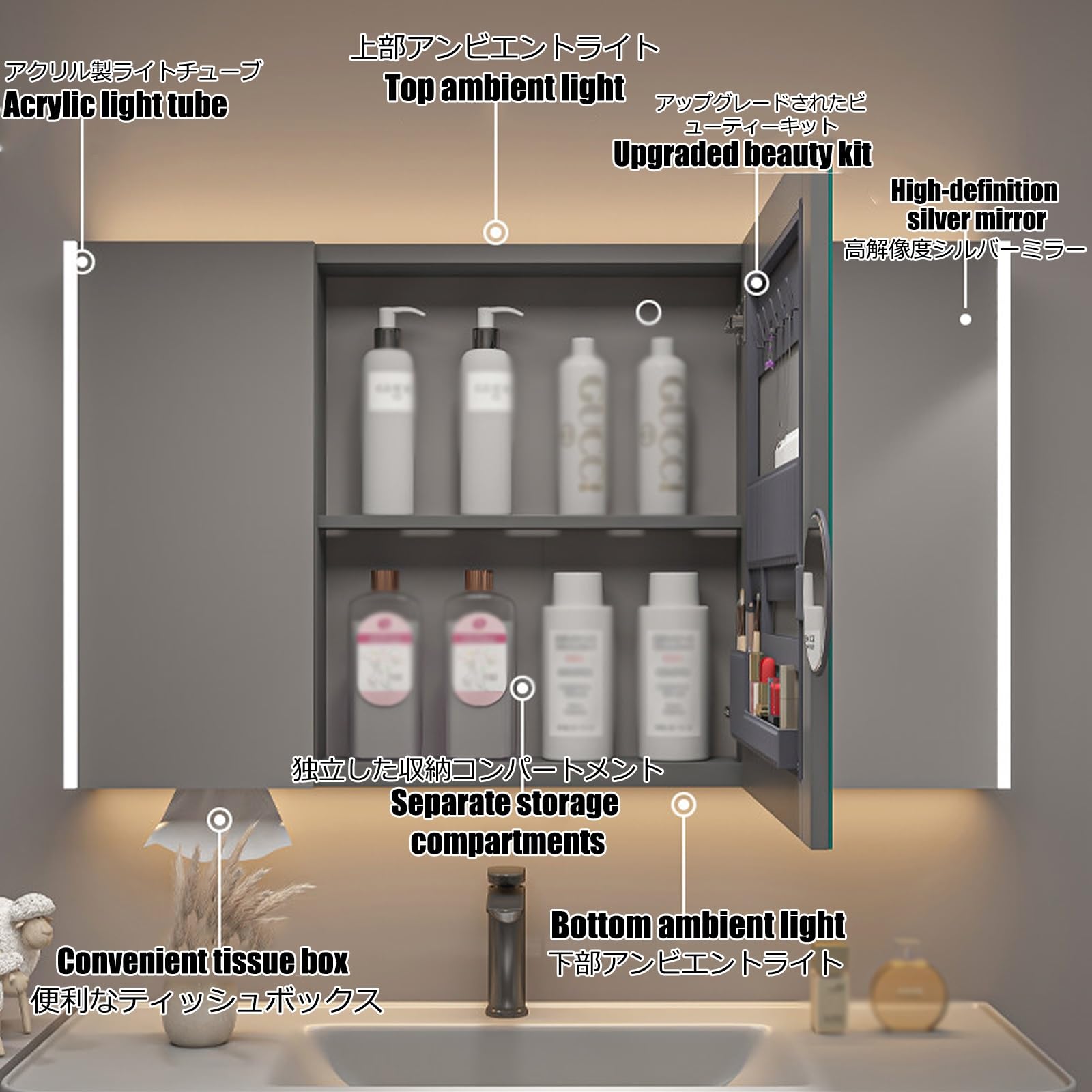 Mobiletto A Specchio,Mobile Bagno Con Specchio,Specchiera Bagno Con Contenitore,Luce Regolabile,Sbrinatore,Per Soggiorno, Lavanderia, Fango(Gray,120cm/47.2in)