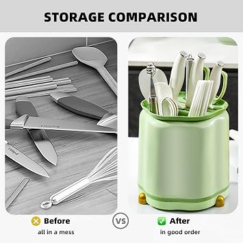 360 Rotating Knife Block,Multifunctional Plastic Kitchen Utensil Holder,Large Capacity Knives Block,Chopsticks Knife Block Utensil Stand for Kitchen Counter (Green)