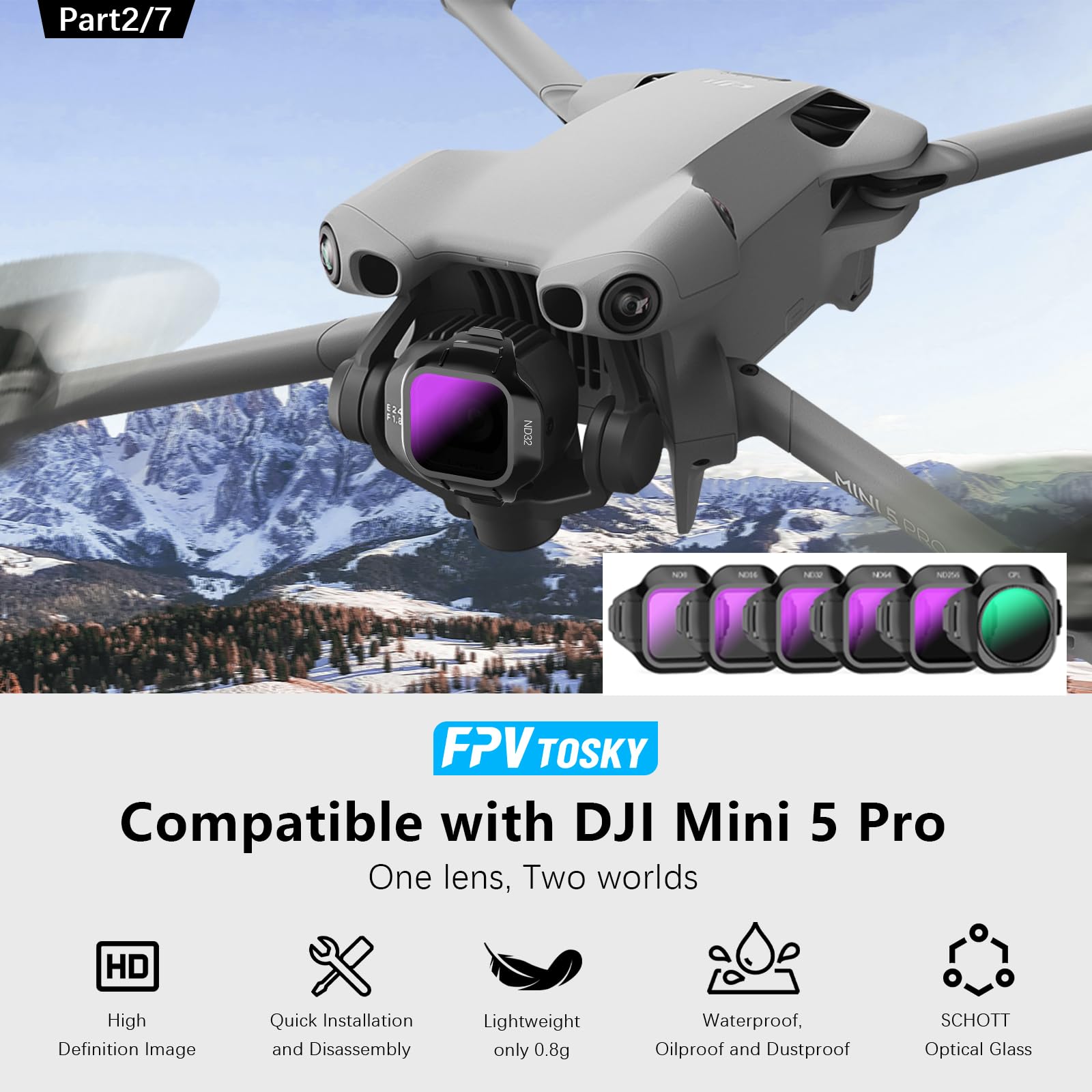 FPVtosky Set di custodia rigida per DJI Mini 5 Pro, kit di accessori per droni include custodia a doppio strato, parasole RC2, cordino, protezione schermo in vetro temperato RC2, tappetino di