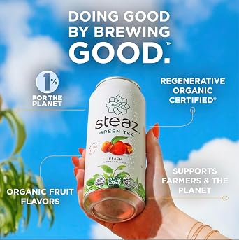 Steaz - Organic Green Tea - Hibiscus Flavored (12 Pack) - Regenerative Organic Certified - 30mg Natural Caffeine, Vitamin C - Cane Sugar Sweetened Iced Tea - Vegan, Fair Trade - 12 Cans, 16 fl oz (473mL)
