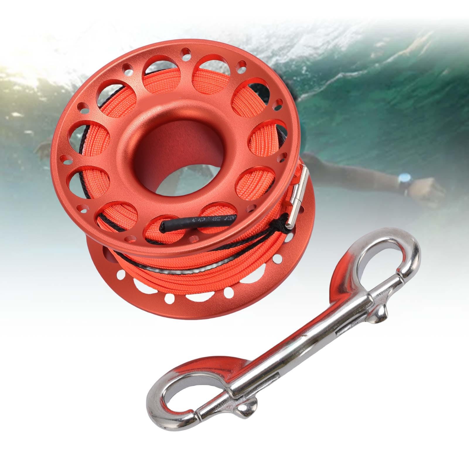 Bobine de Plongée sous Marine avec Double Crochet, 30 mètres Bobine Doigt Aluminium Aviation pour Sécurité Plongée, Opérations Maritimes et Activités Subaquatiques