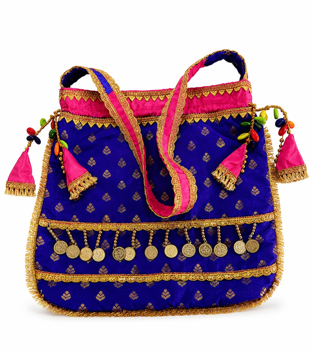 Handmade Festive/Bridal Potli Bag Blue & Pink with Gold Embellishments-image-20