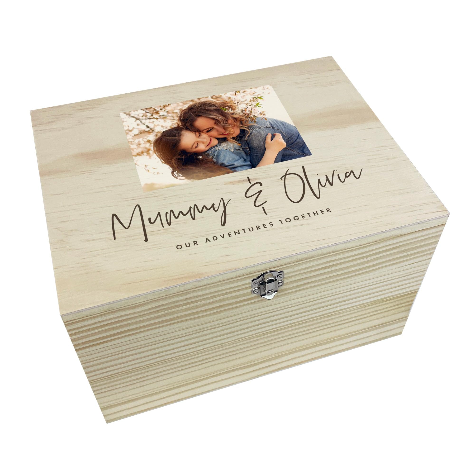 The Lovely Keepsake Company Brown Personalised Our Adventures Together Pine Photo Memory Box | Father's Day Present | Custom Wooden Keepsake Box | Upload Your Own Photo | Metal Hinges & Clasp | W36cm X D27cm X H20cm