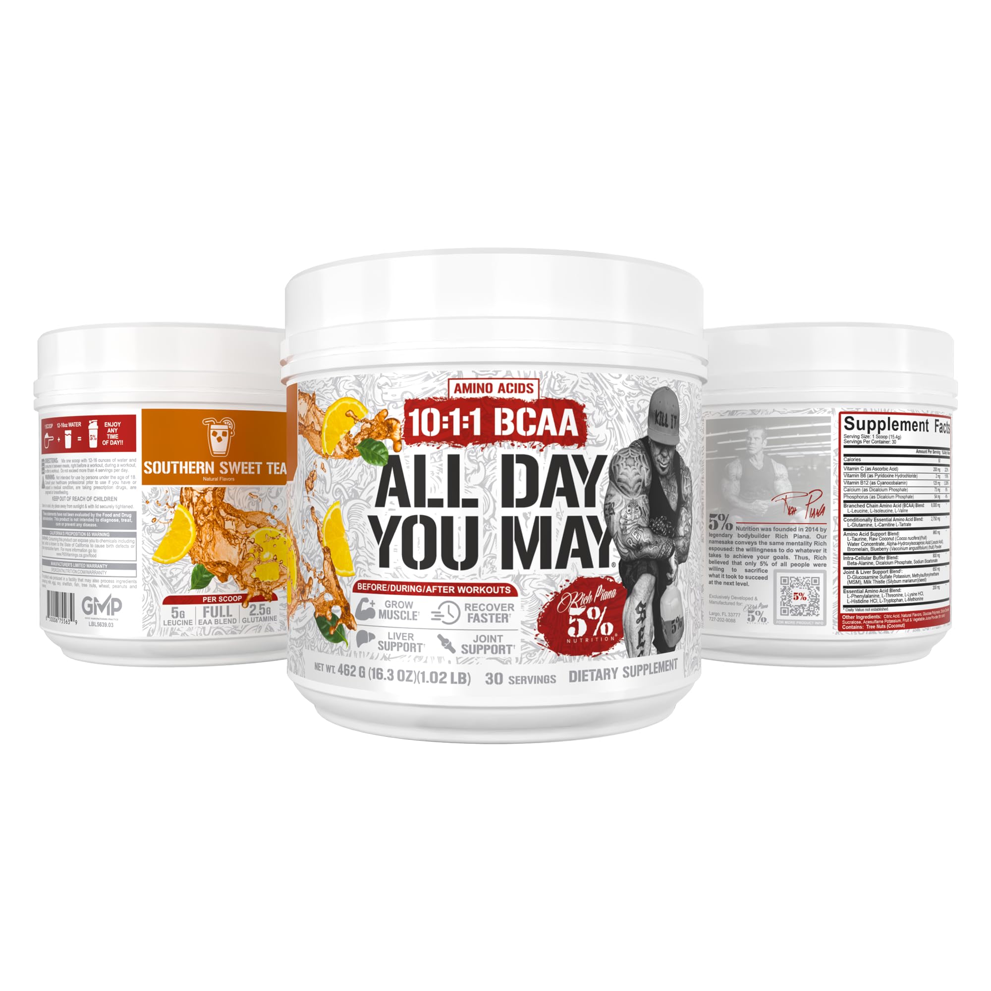 5% Nutrition Rich Piana AllDayYouMay Caffeinated BCAA Energy Powder | Premium Pre Workout Amino Energy & Electrolytes | Hydration, Endurance & Recovery | 16.3 oz, 30 Servings (Southern Sweet Tea) — Amazon image 7