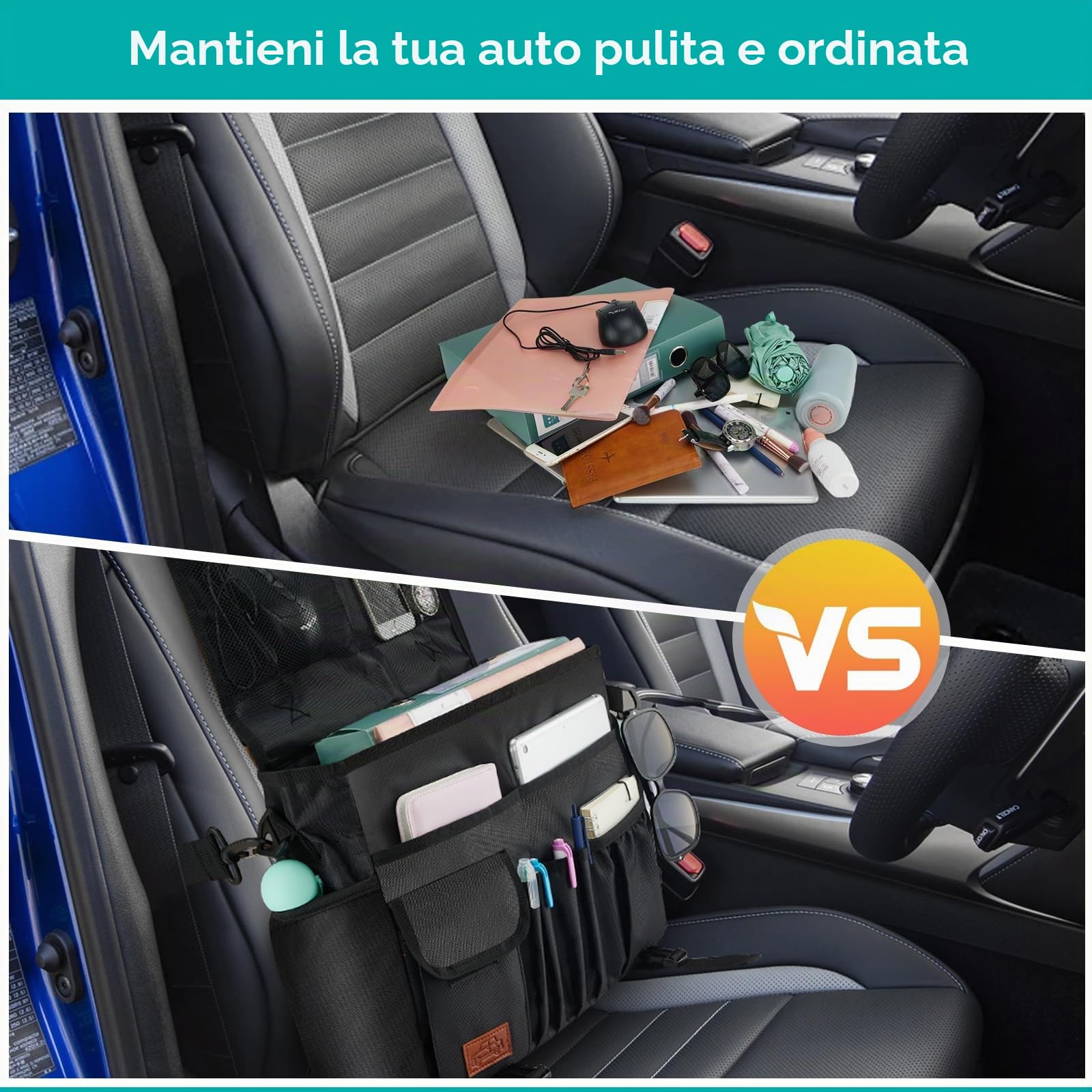 Eurhomewit Organizer per Sedile Auto, Multiuso Borsa Portaoggetti per Sedile Auto con Compartimento per Laptop, Portatile Messenger Bag, Portadocumenti, Nero