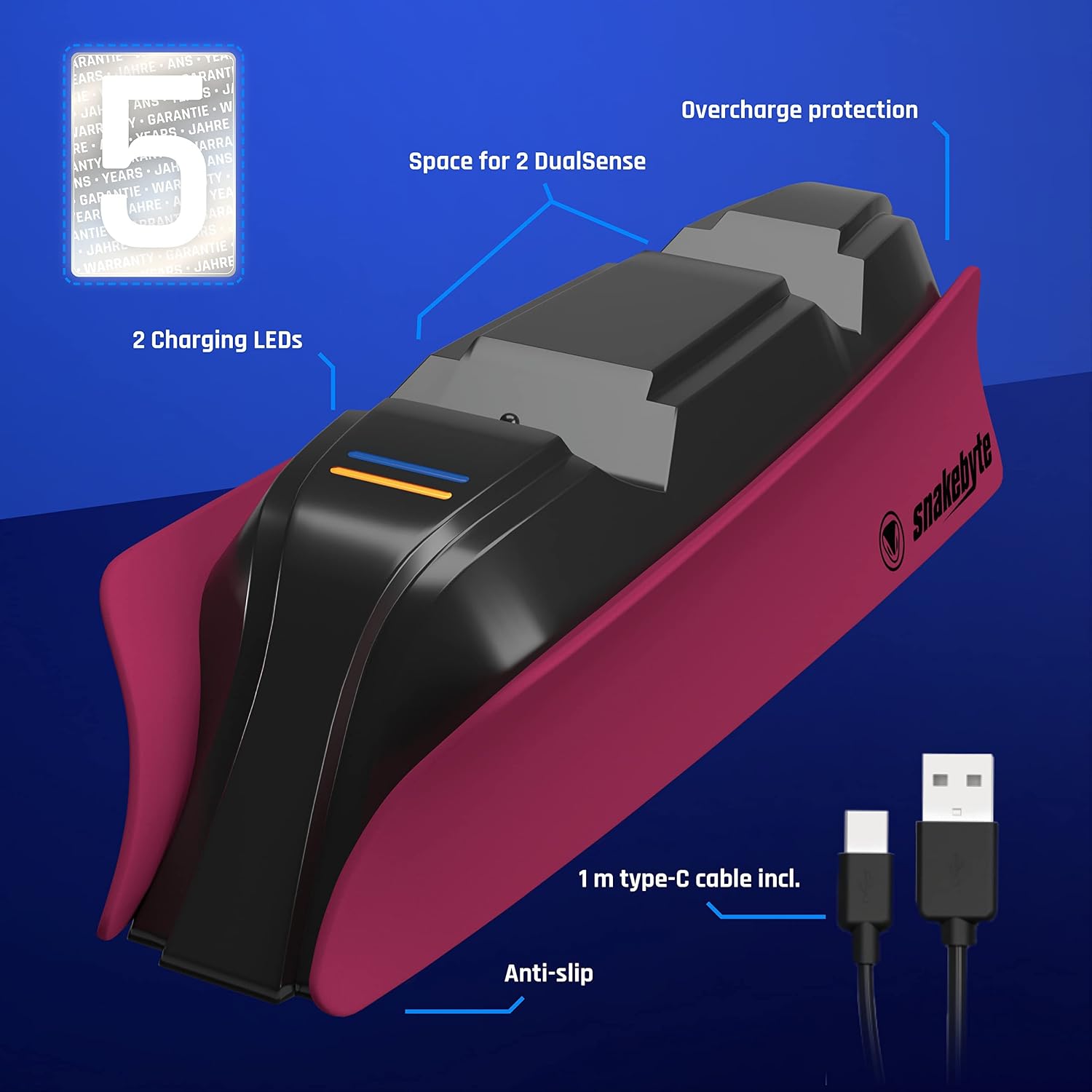 Snakebyte Twin Charge Dual Charger for PlayStation 5 - Charging Station for DualSense Controllers – Fast Charger for 2 PS5 Wireless Controllers - Type-C Cable, LED Charge Status Display