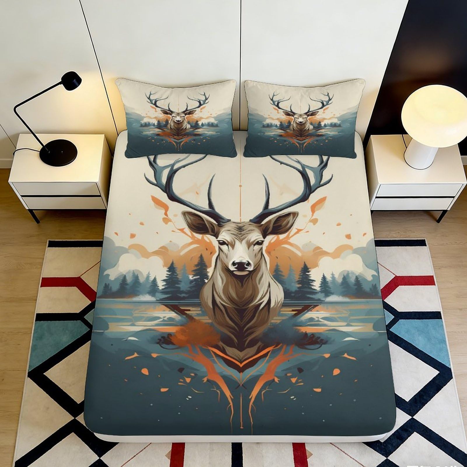 3D Printed Forest Deer Fitted Sheet Microfiber Soft Anti-Slip Elk Mountain Bed Cover Bedroom Dorm Decor 90x200x25cm