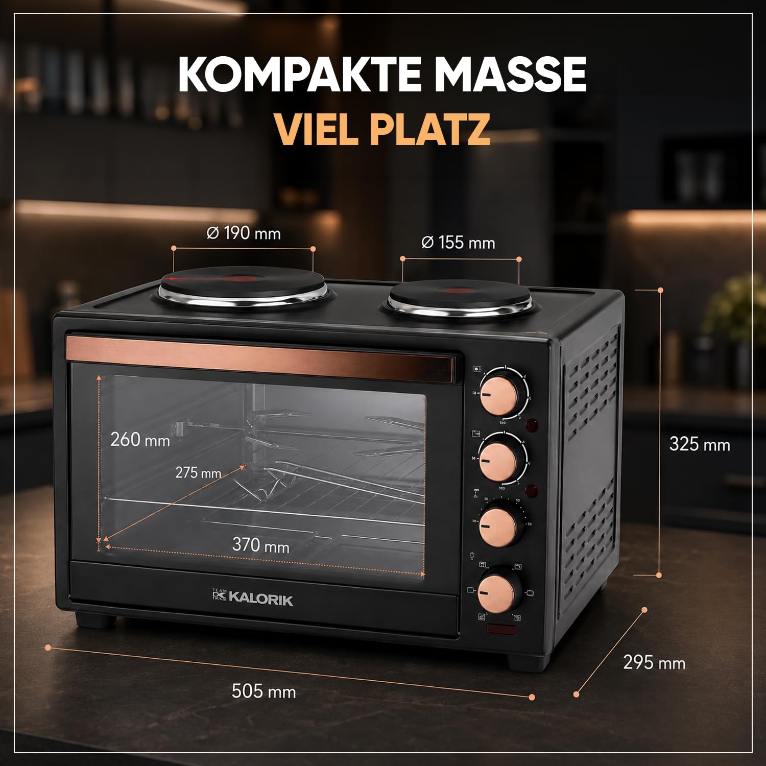 Kalorik - Minibackofen - Kochplatten 2er Elektrisch - mini Backofen 30 Liter - 2-in-1 Backofen und Kochfeld für vielseitiges Kochen und Backen, mit Umluft & Drehspieß, 3300 W, Schwarz Kupferakzent