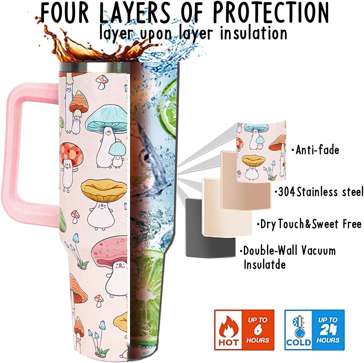 Mushroom Tumbler Cup Gifts Cute Mushroom Tumbler 40 oz Mushrooms Gifts for Women Cups Coffee Travel Mug with Handle Leak Proof Insulated Cute Decor Stuff - Image 4